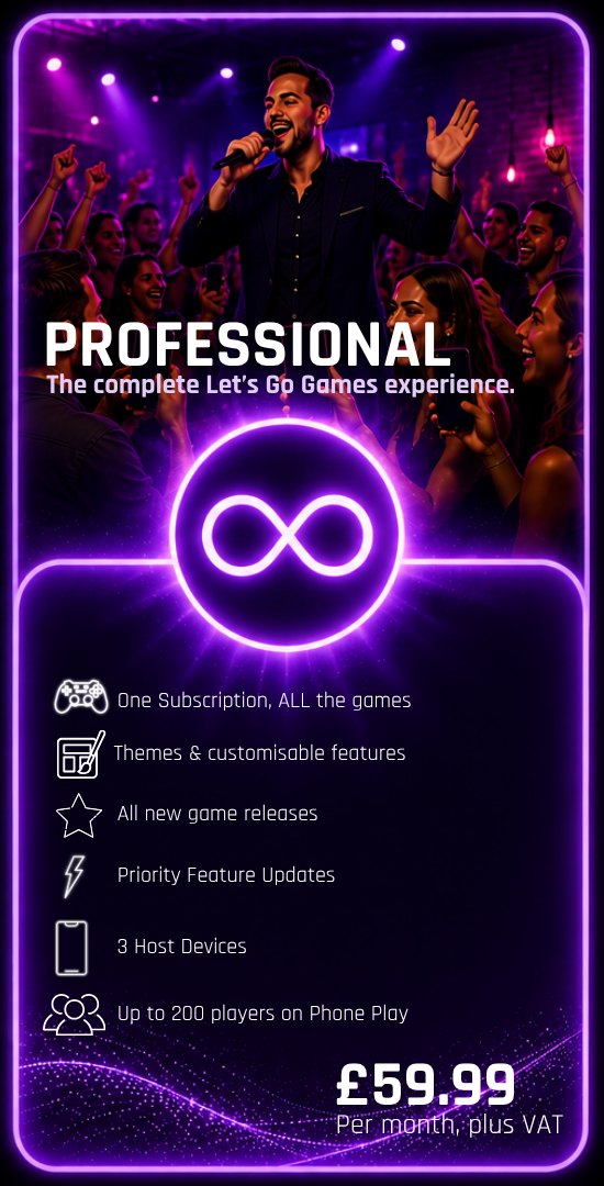 Professional, 59.99 pounds per month plus VAT. The complete Let's Go Games experience. One subscription with all the games, themes and customisable features, all new game releases, priority feature updates, 3 host devices and up to 200 players on phone play.