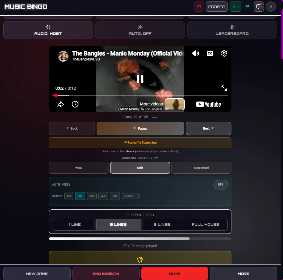 The Music Bingo host app playing song 27 of 35 with back, pause, next and reshuffle controls and audience view switching